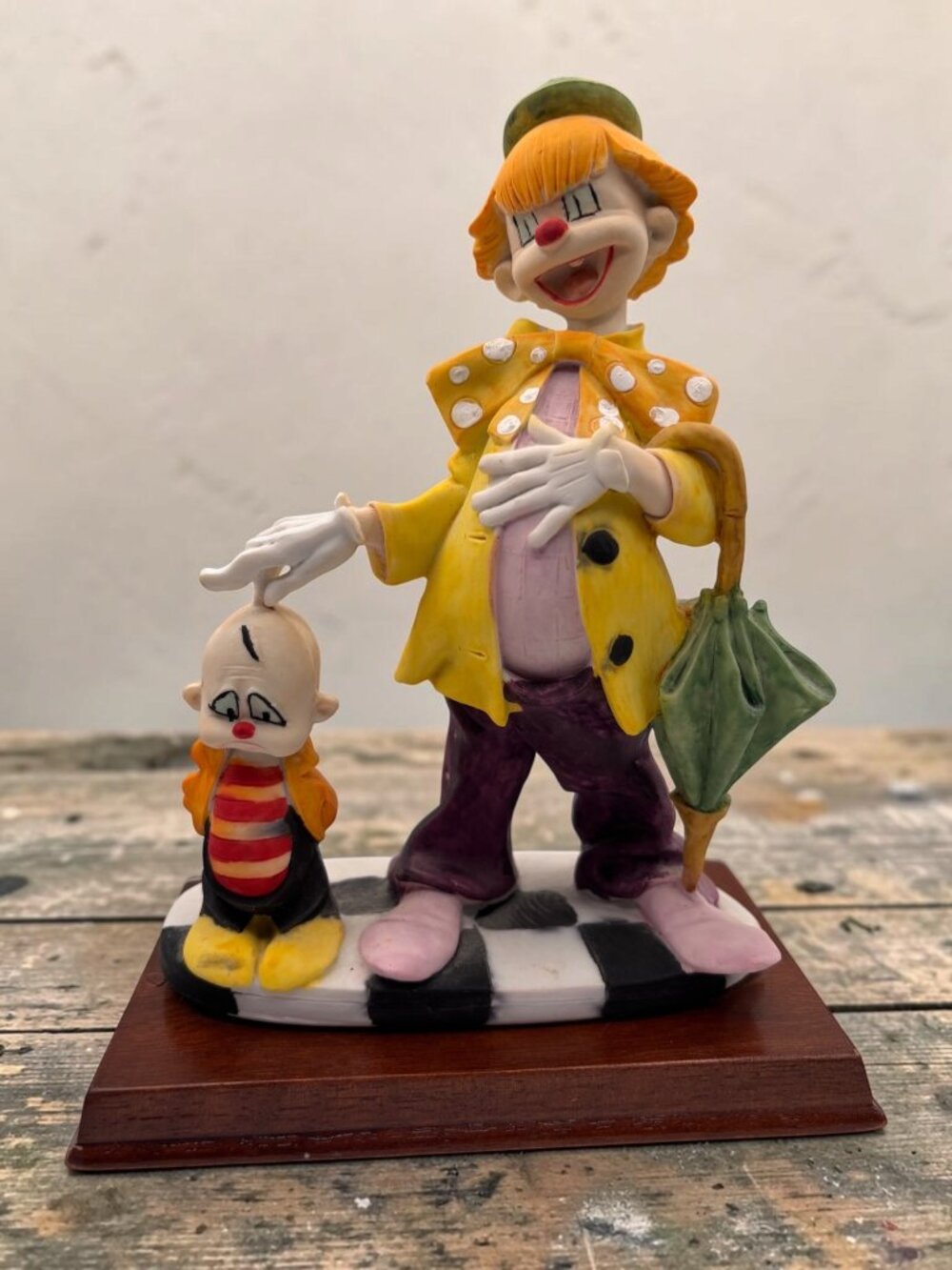 Vintage Clown & Child Figurine On Wooden Base Hand-Painted Ceramic Sculpture Col